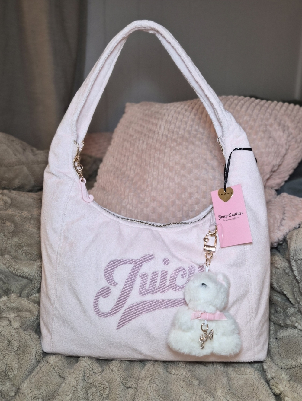 EXCLUSIVE NWT Juicy Couture "Too Cute" Hobo Bag – Blush Pink Velour Y2K Style